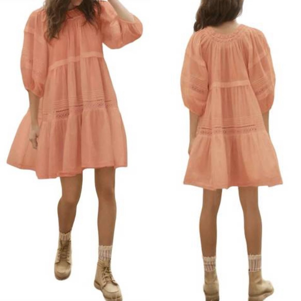 THE GREAT. The Short Nightingale Mini Dress in Peach